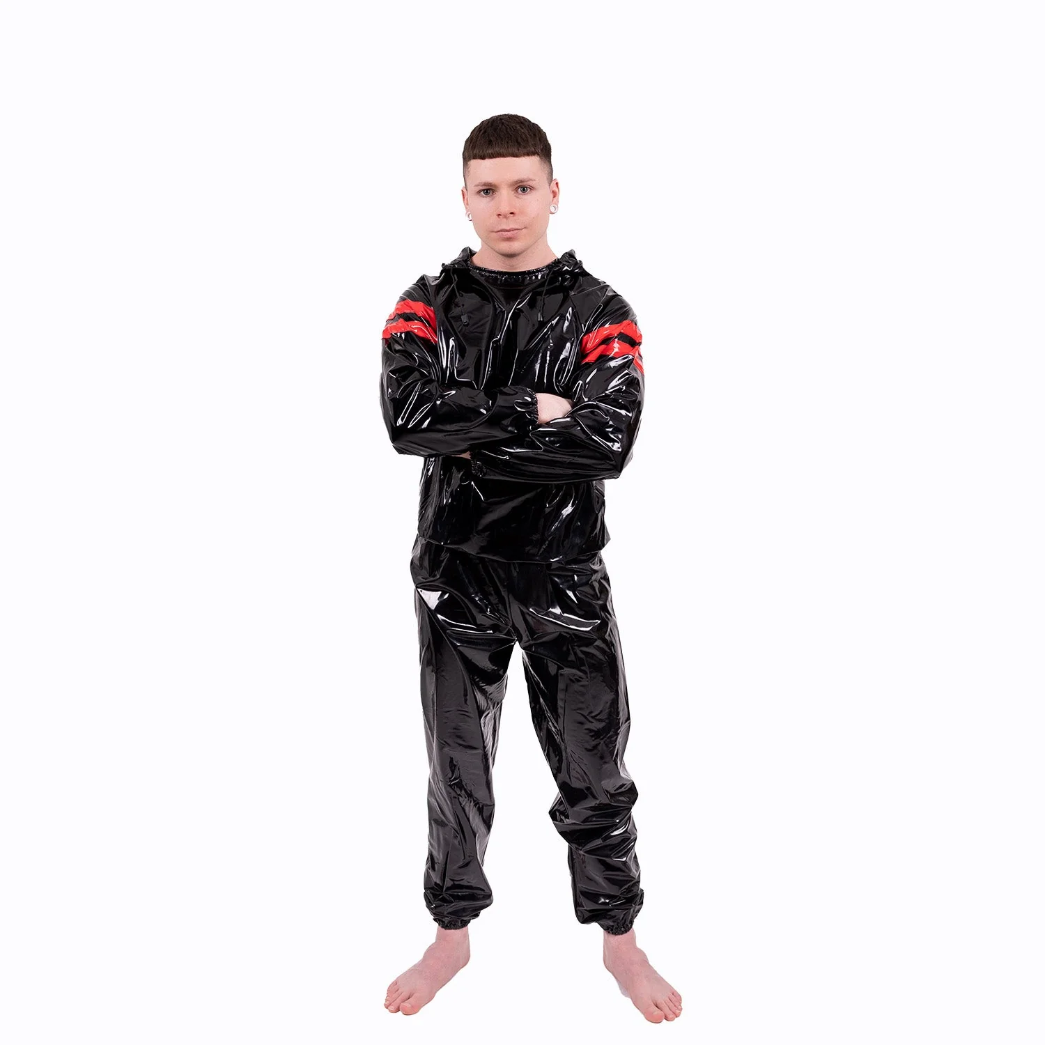 Striped Vinyl Tracksuit, Black/Red - Image 6