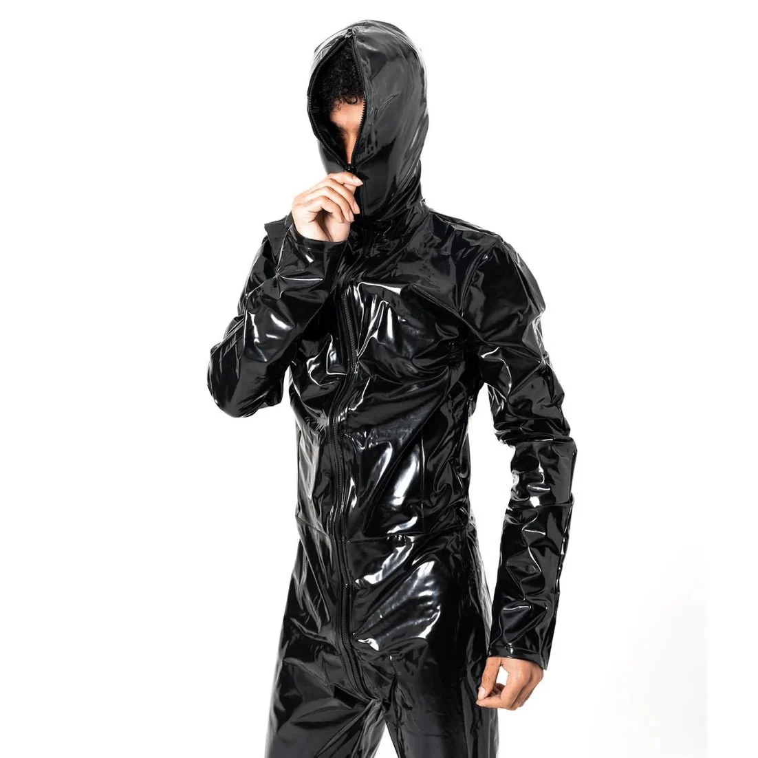 Hooded Vinyl Catsuit, Black - Image 2