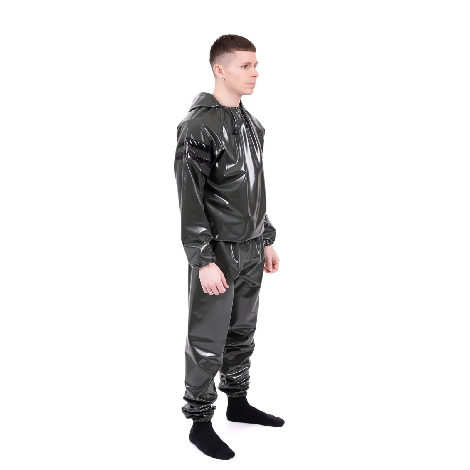Striped Vinyl Tracksuit, Army Green/Black - Image 2