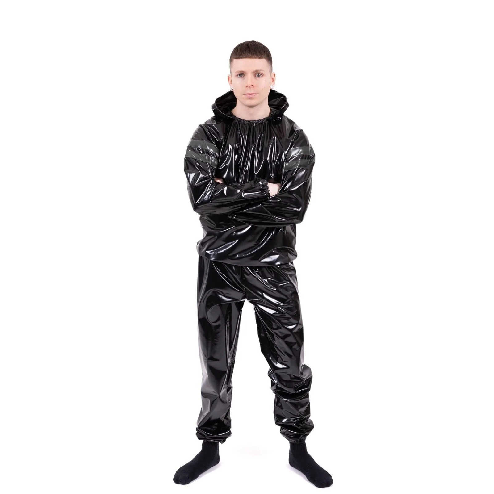 Striped Vinyl Tracksuit, Black/Army Green - Image 6