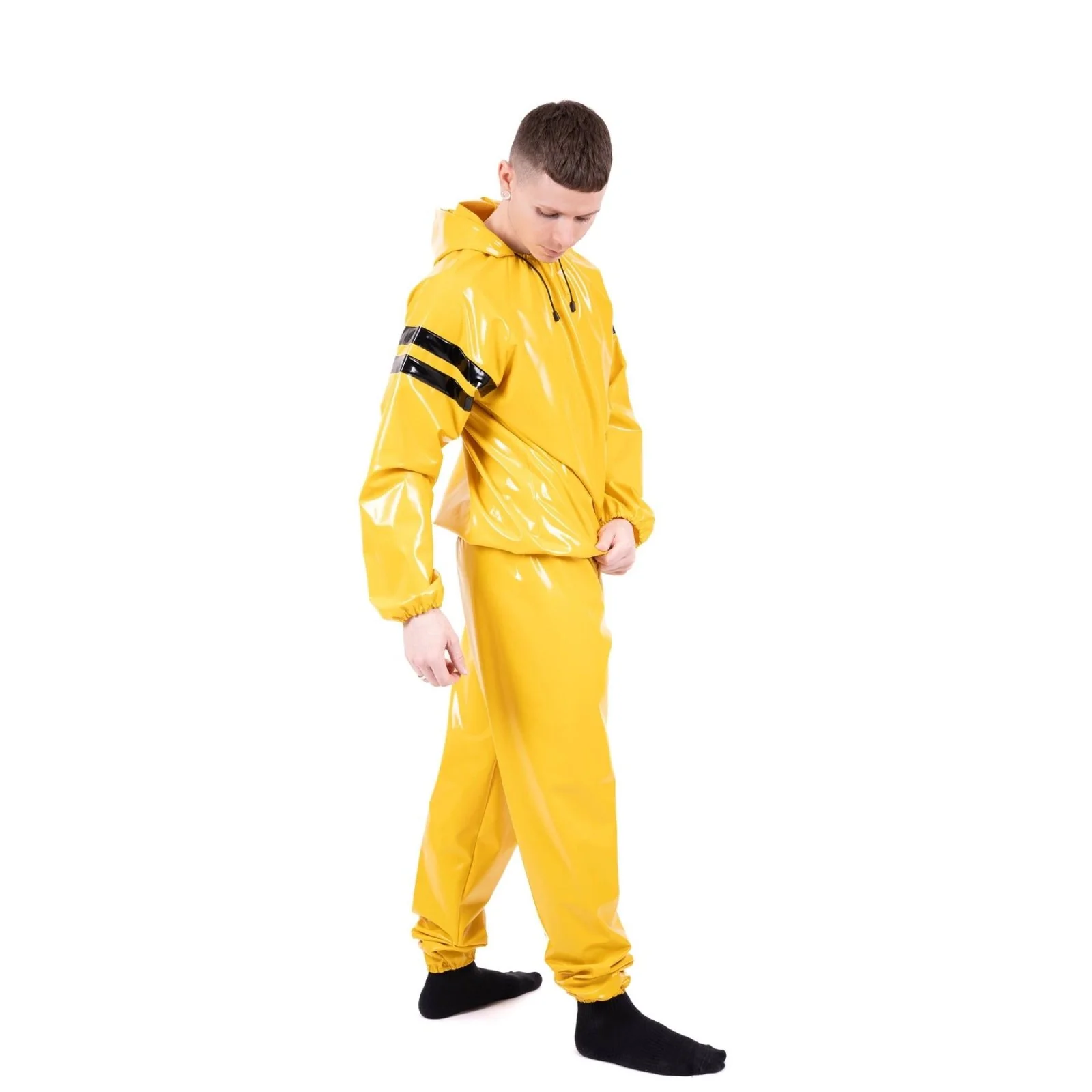 Striped Vinyl Tracksuit, Yellow/Black PVC - Image 6